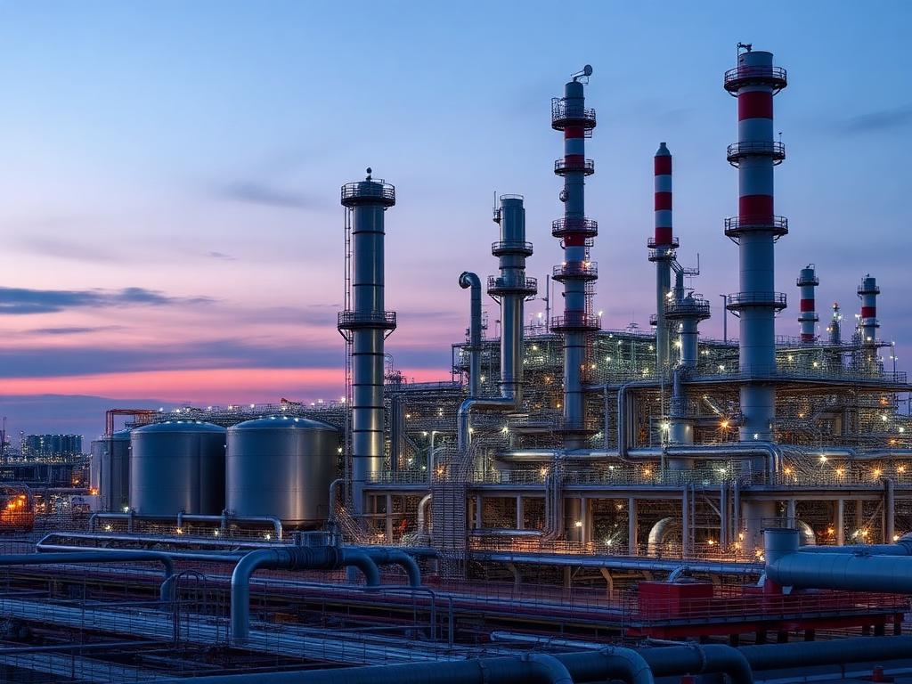 Oil and gas refinery with pressure filtration vessels and pipelines at dusk